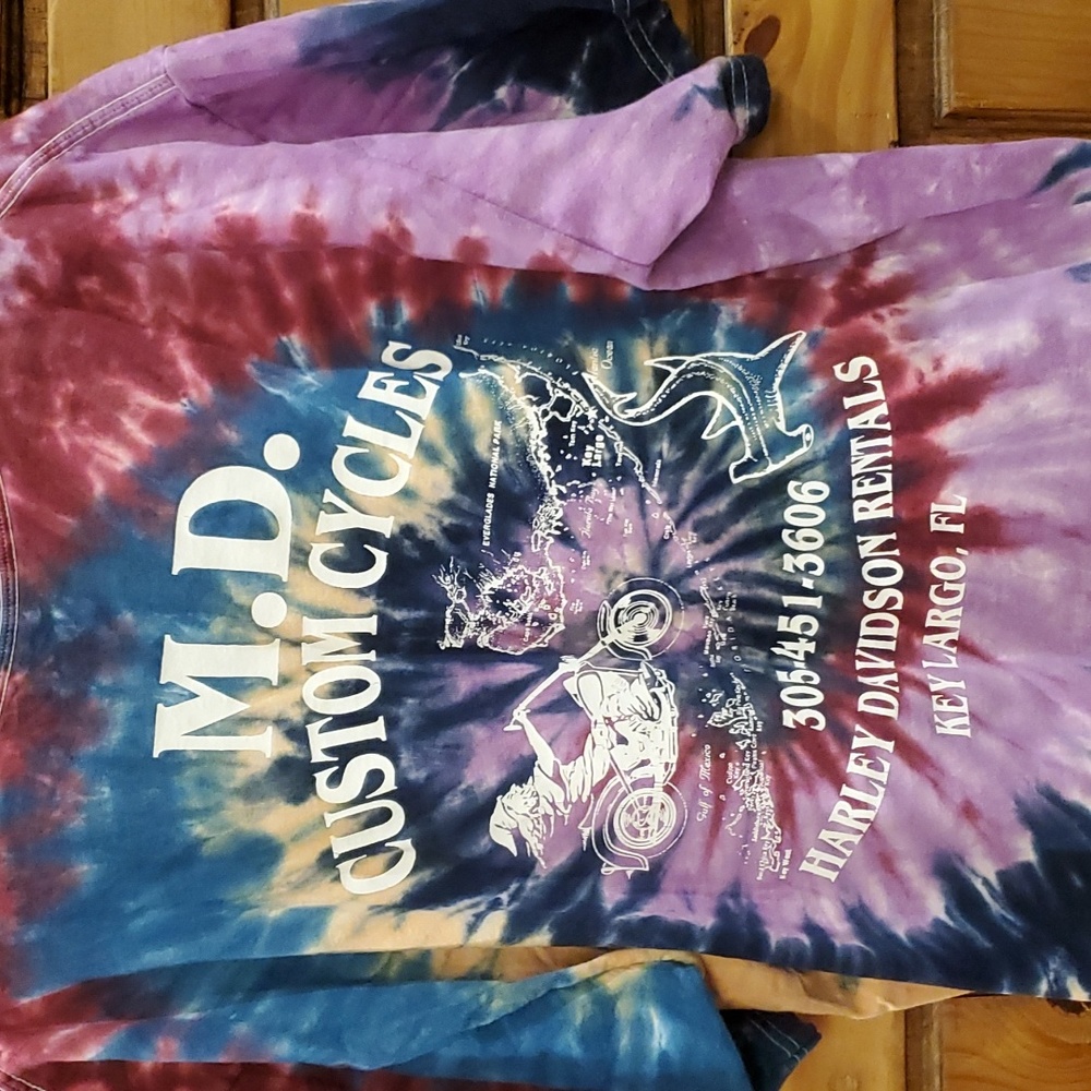 VintageHarley Davidson Key Largo M.D. Custom Cycles Tie Dye Tee Shirt Adult Lar…